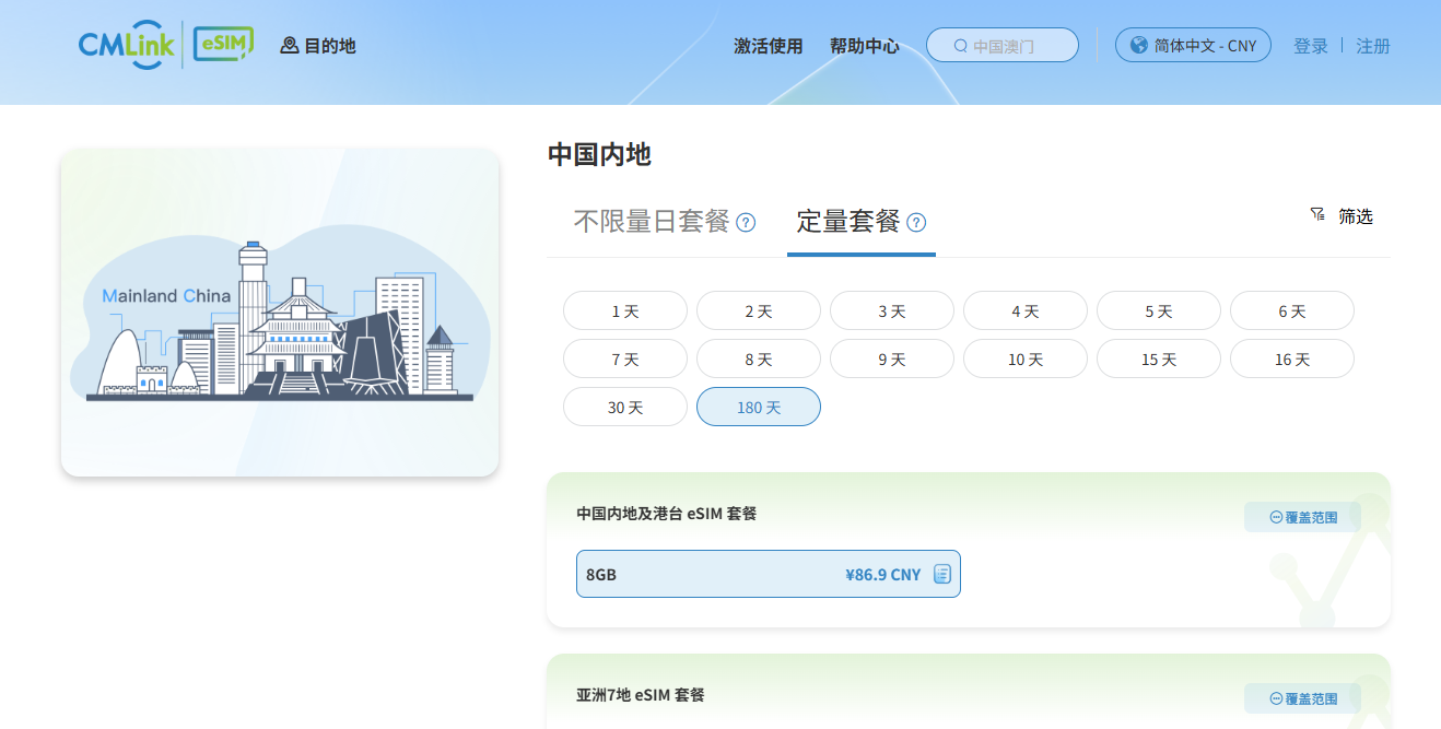 CMLink eSIM 套餐价格截图